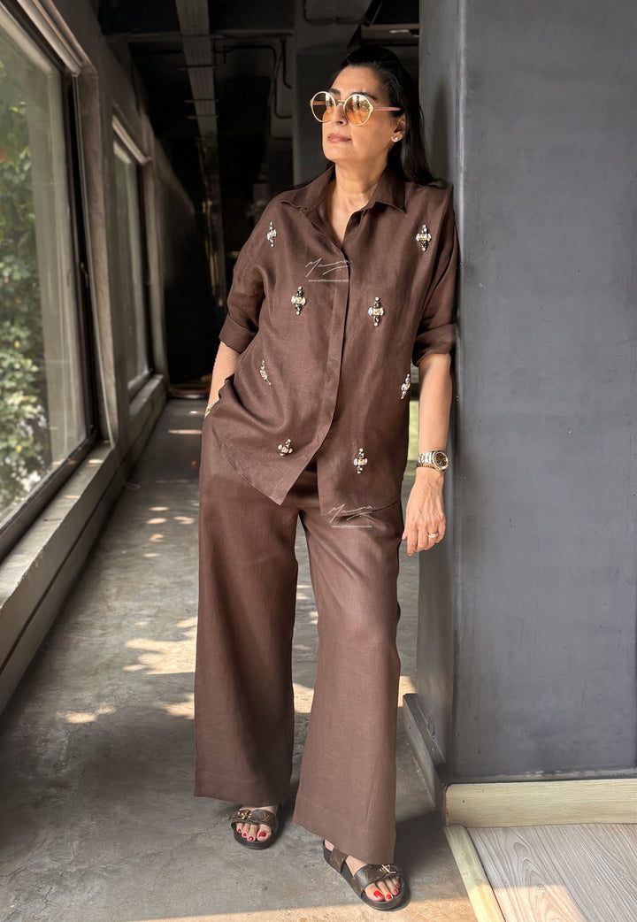 Brown Linen Beaded Co-Ord Set