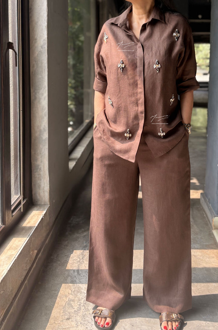 Brown Linen Beaded Co-Ord Set