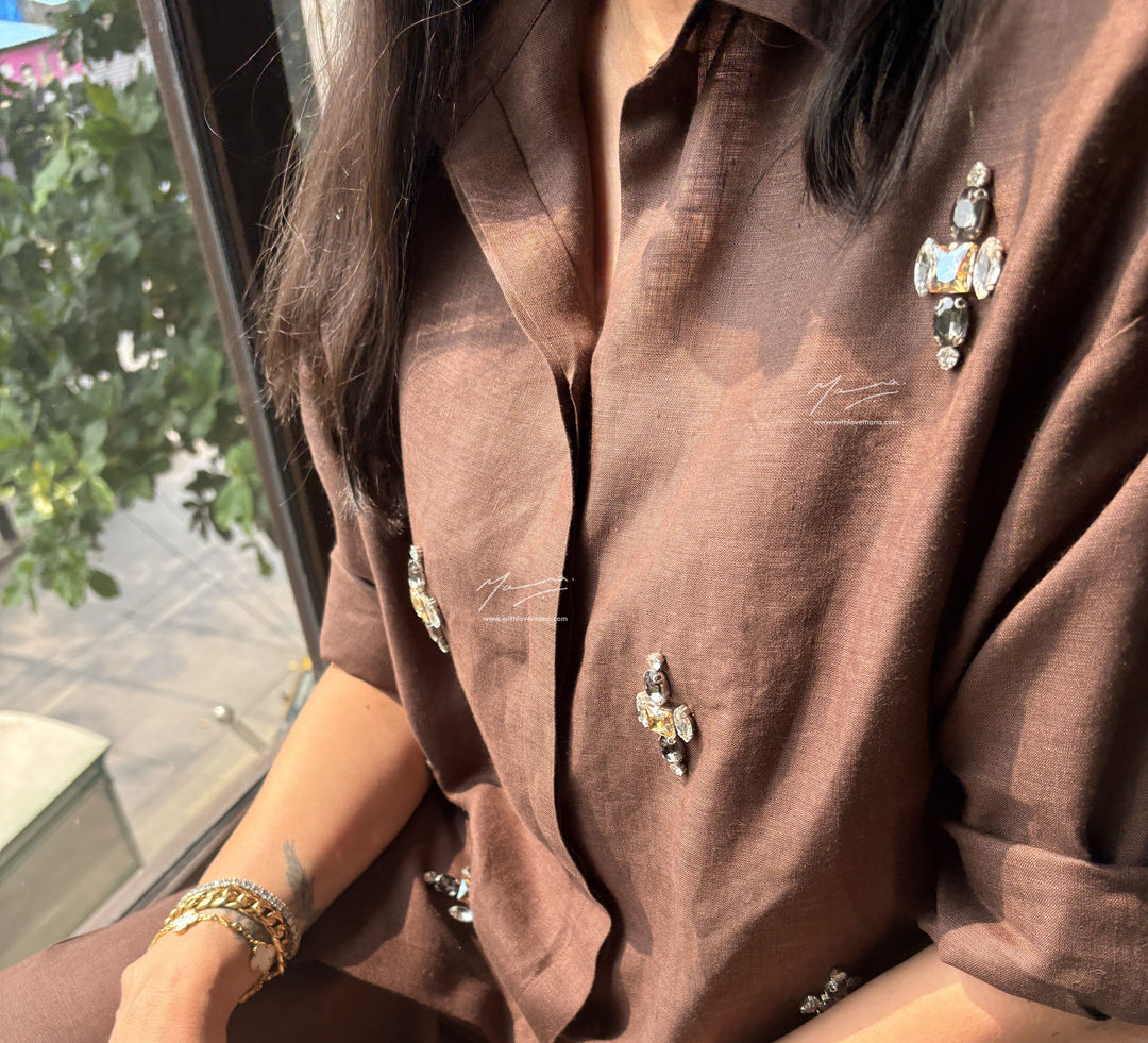 Brown Linen Beaded Co-Ord Set