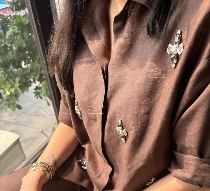 Brown Linen Beaded Co-Ord Set