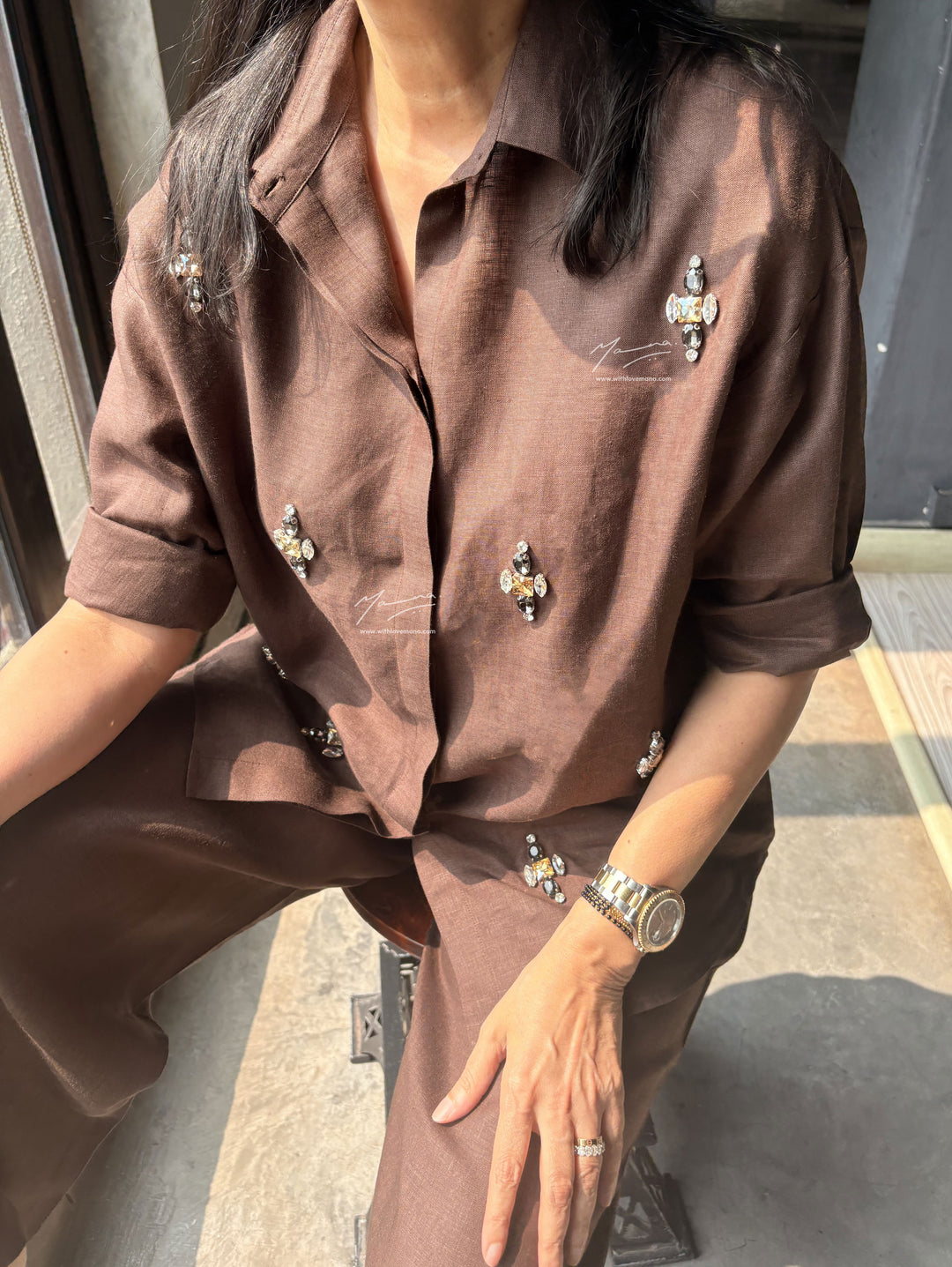 Brown Linen Beaded Co-Ord Set
