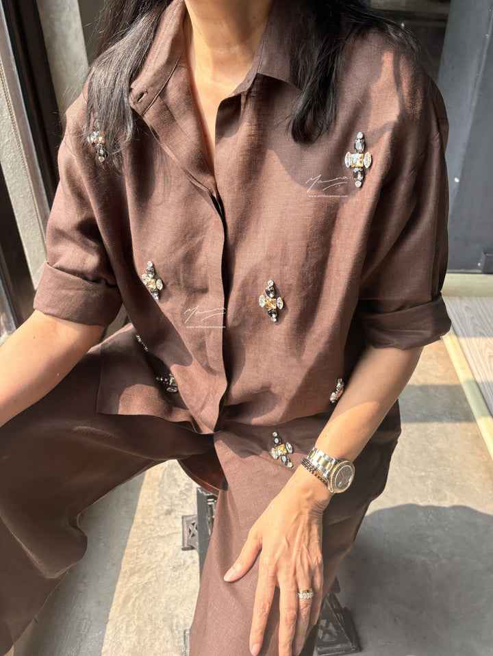 Brown Linen Beaded Co-Ord Set