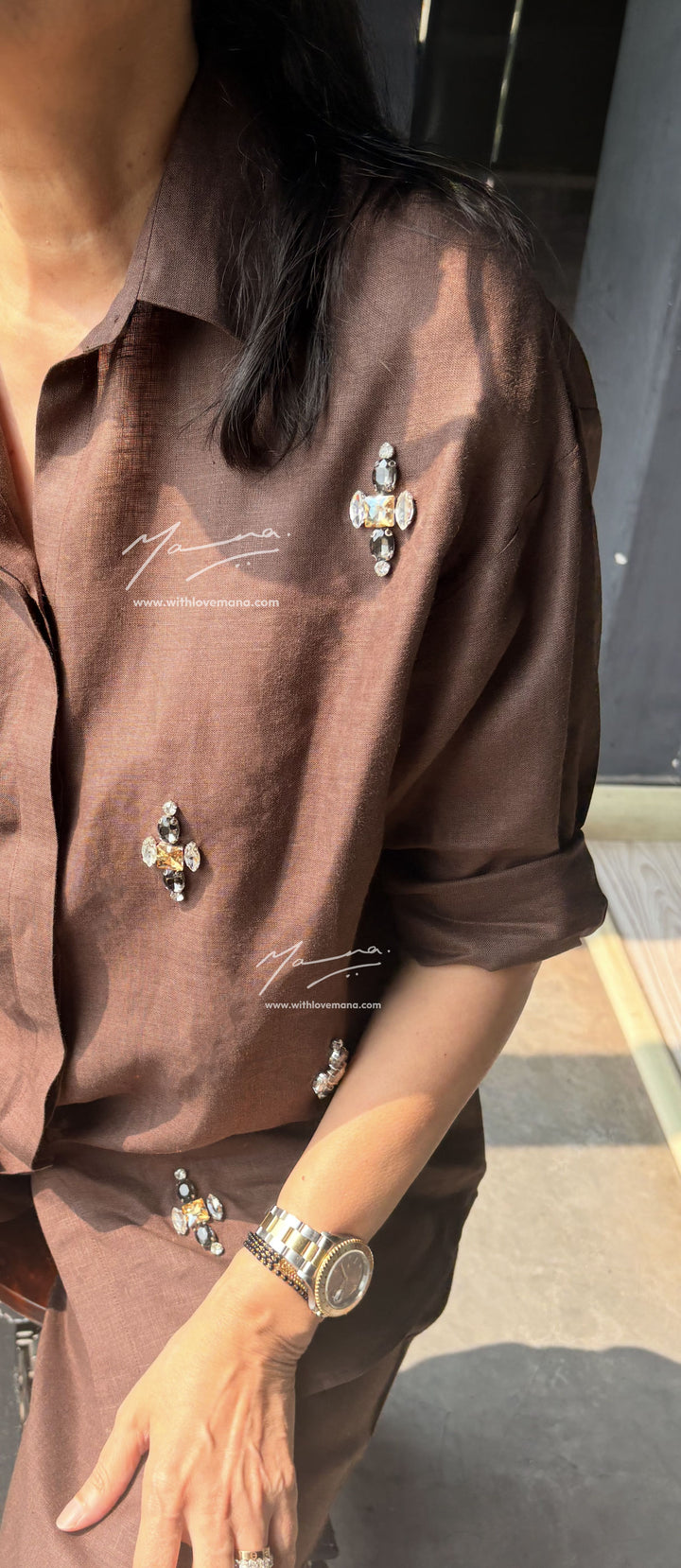 Brown Linen Beaded Co-Ord Set