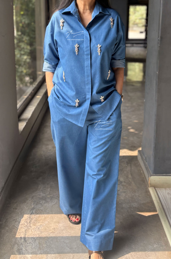 Denim Beaded Co-Ord Set – Blue