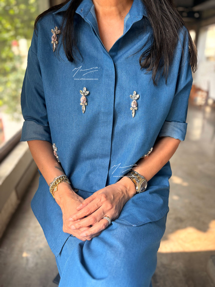 Denim Beaded Co-Ord Set – Blue