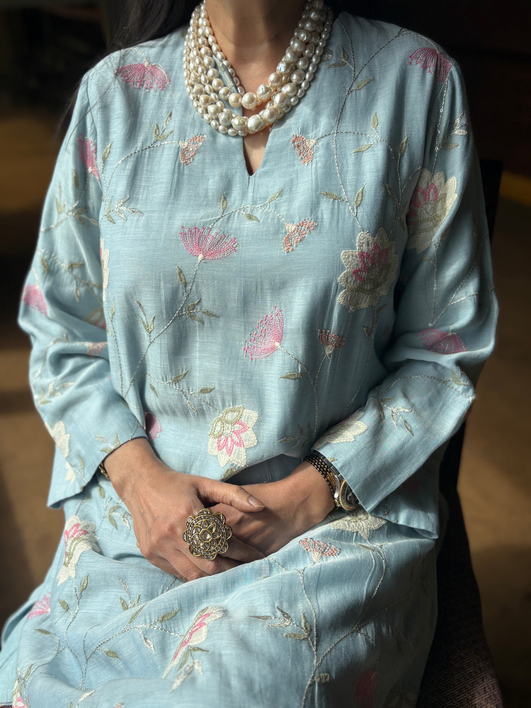 Sky Blue Floral Tunic Set