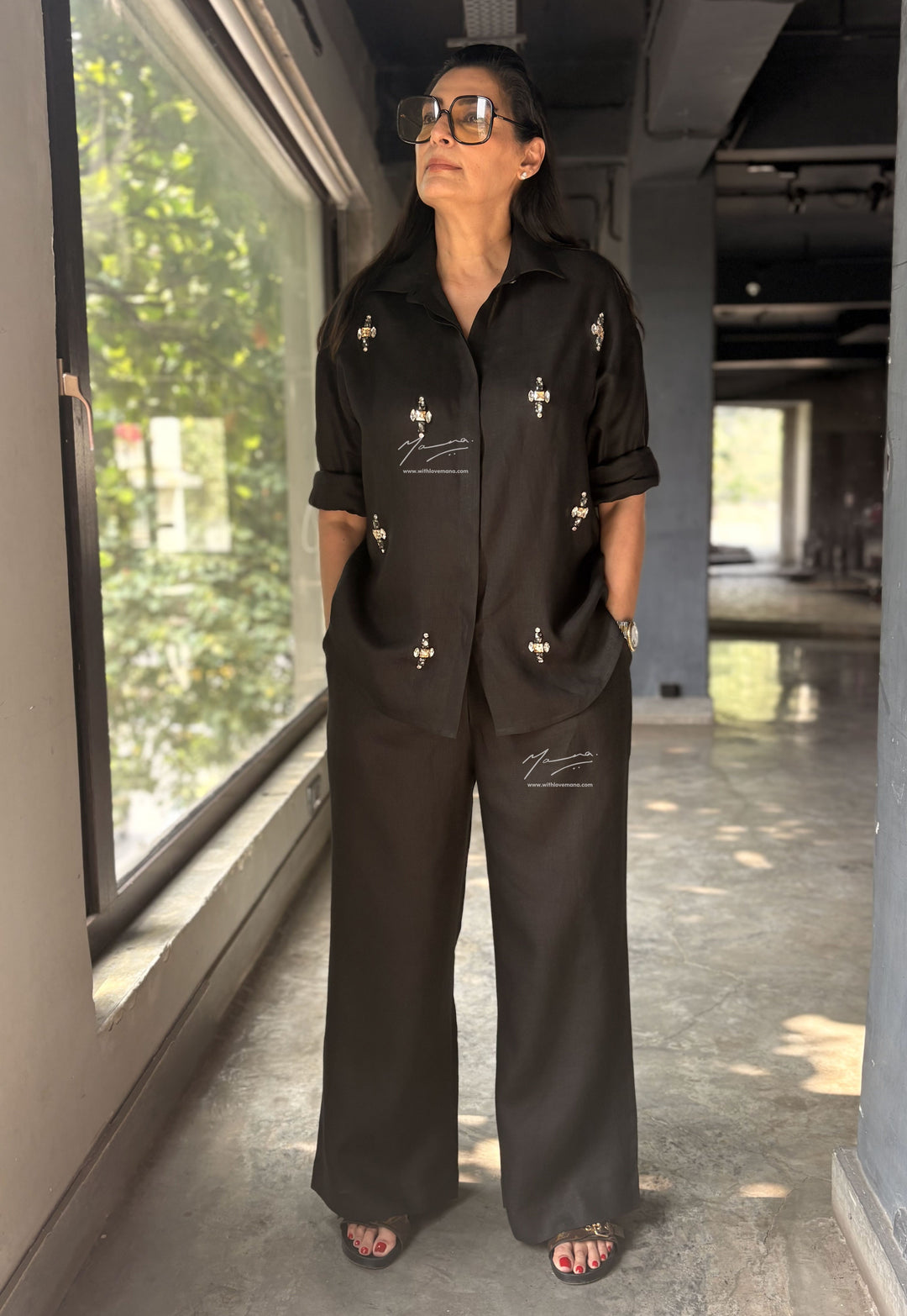 Linen Black Embellished Shirt & Wide-Leg Trouser Set