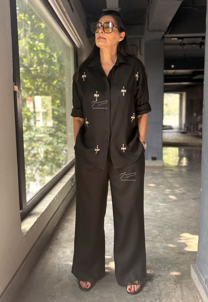 Linen Black Embellished Shirt & Wide-Leg Trouser Set