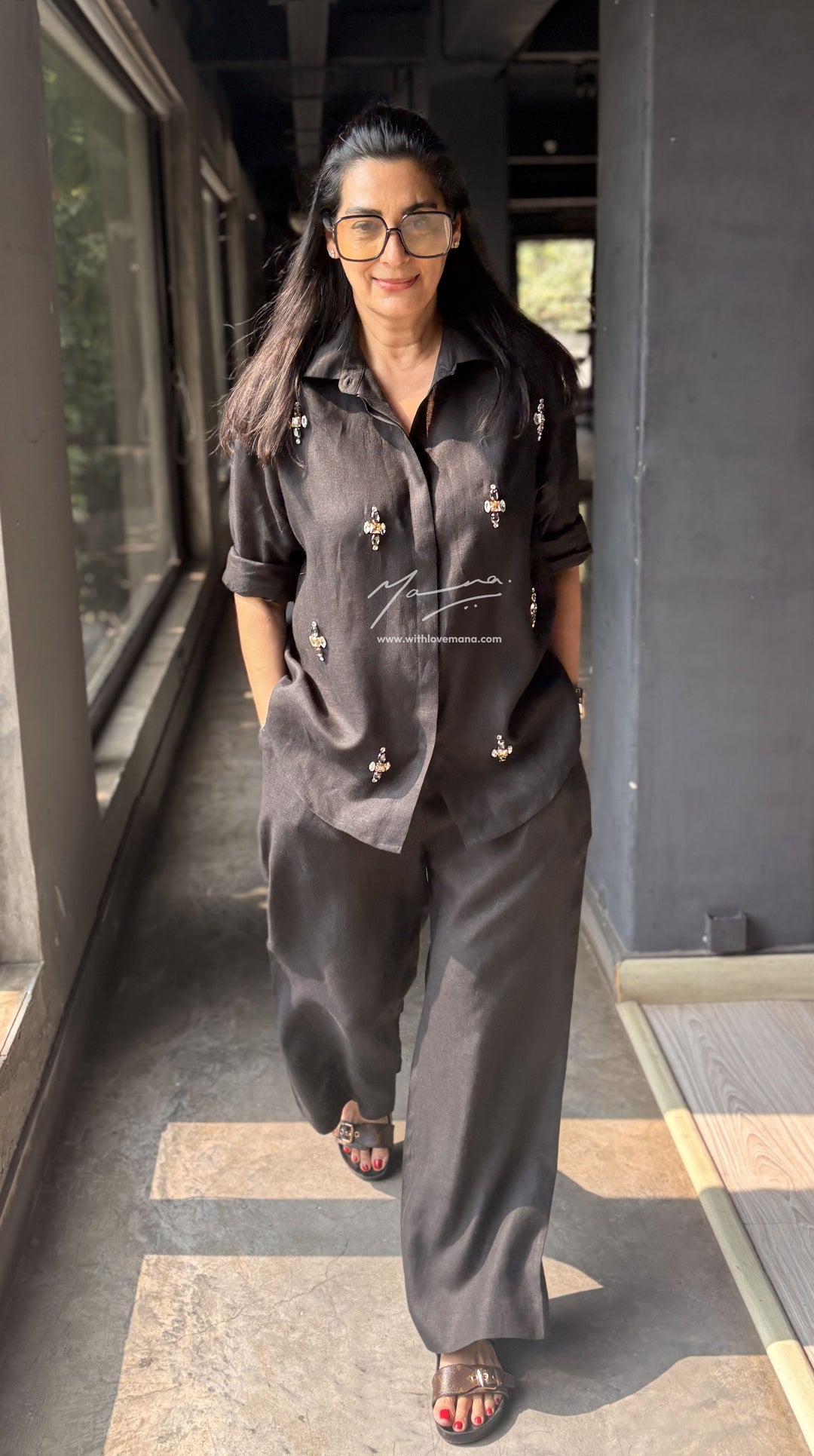 Linen Black Embellished Shirt & Wide-Leg Trouser Set