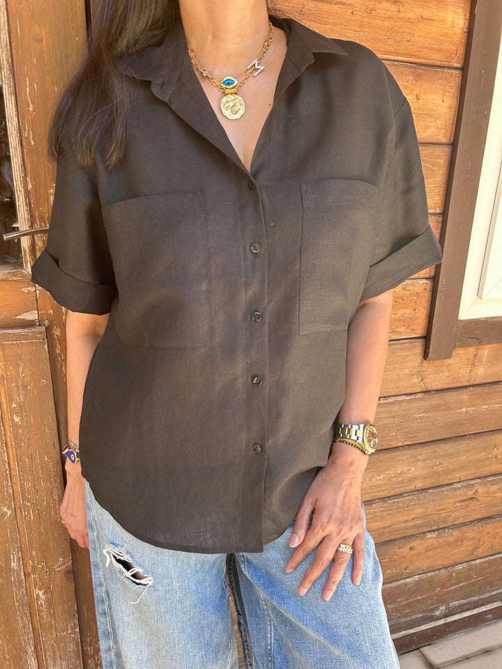 Linen Black Shirt with Pockets