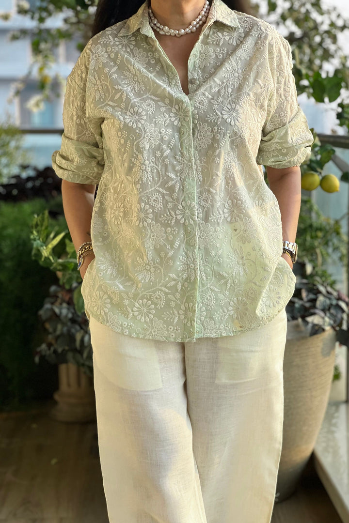 Lucknowi Embroidered Green Shirt