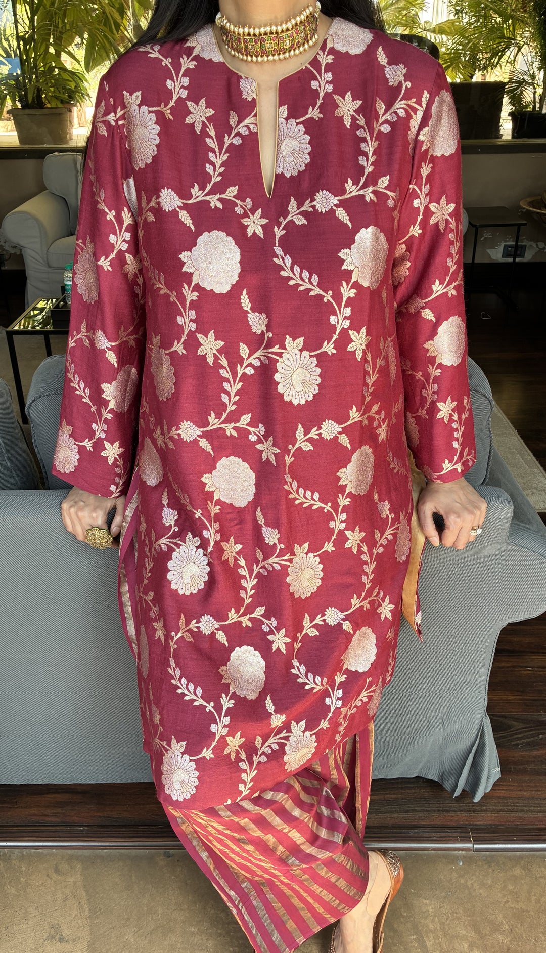 Banarasi Kurti with Farshi Salwar - Burgundy