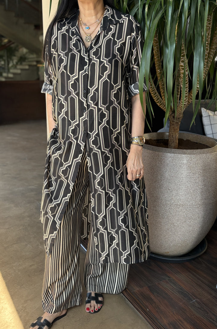 Long button-down tunic with Striped Broad Pants