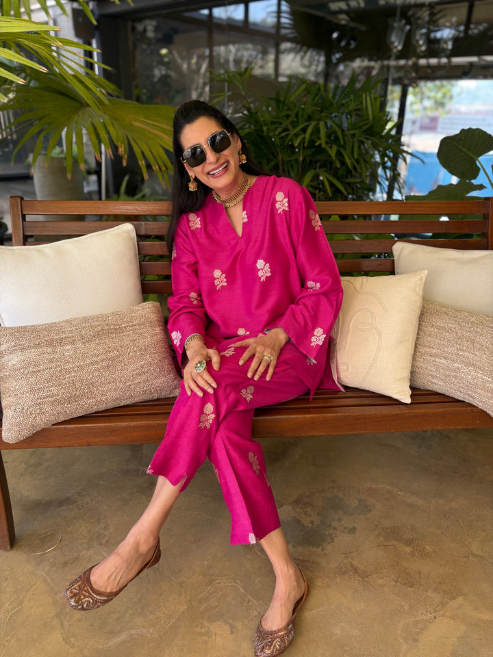 Banarasi Short Tunic with Narrow Pant Co-Ord Set - Pink