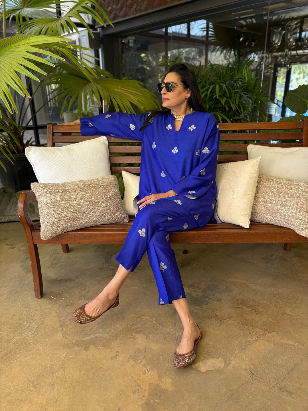 Banarasi Short Tunic with Narrow Pant Co-Ord Set - Royal Blue