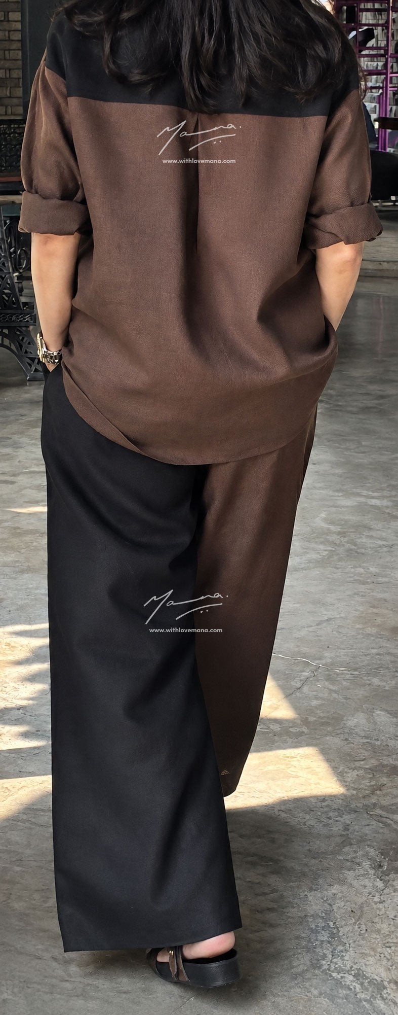 Two-Tone Linen Co-Ord Set - Brown & Black