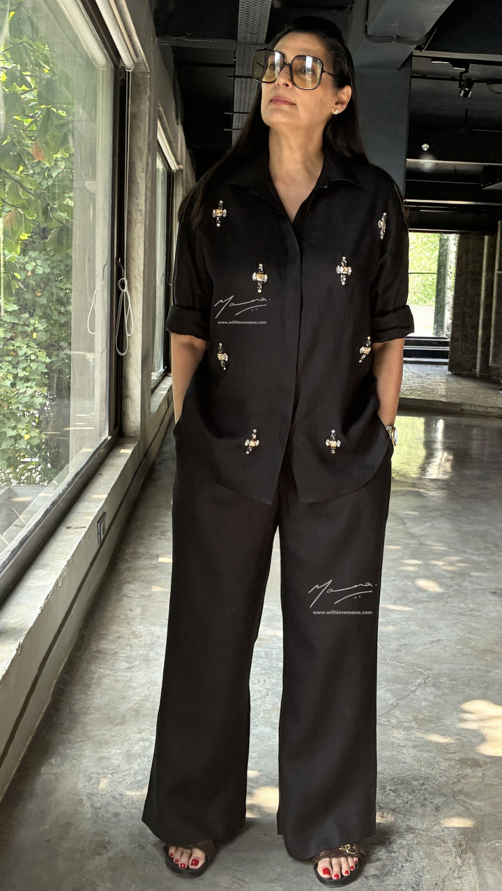 Linen Black Embellished Shirt & Wide-Leg Trouser Set