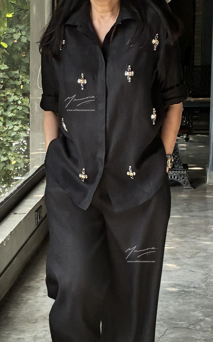 Linen Black Embellished Shirt & Wide-Leg Trouser Set