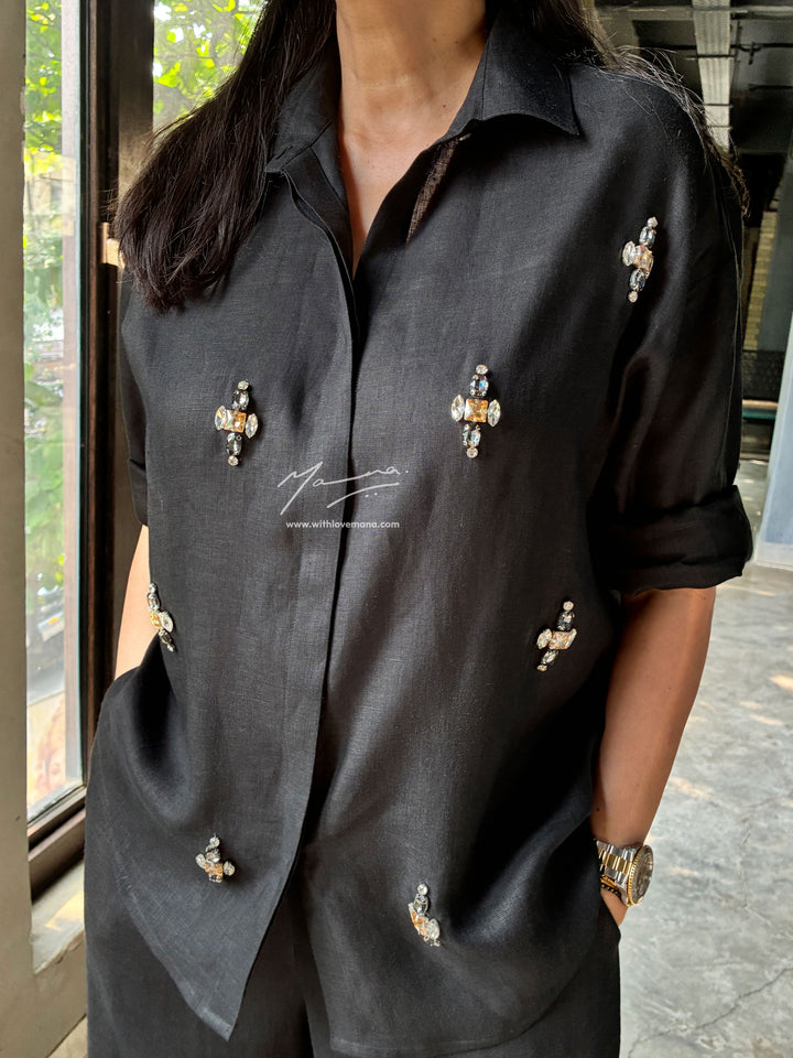 Linen Black Embellished Shirt & Wide-Leg Trouser Set