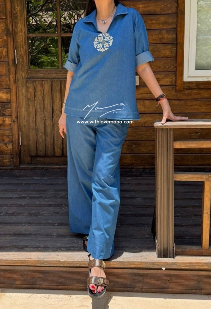 Light Blue Denim Embroidered Co-Ord Set