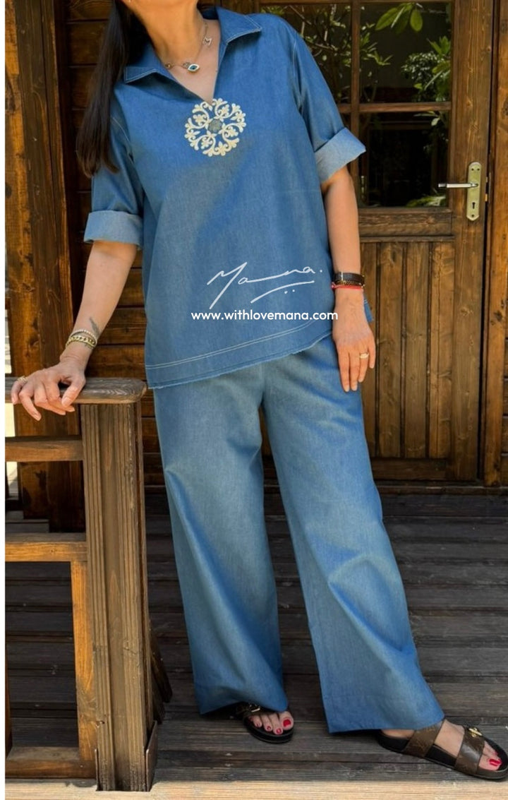 Light Blue Denim Embroidered Co-Ord Set
