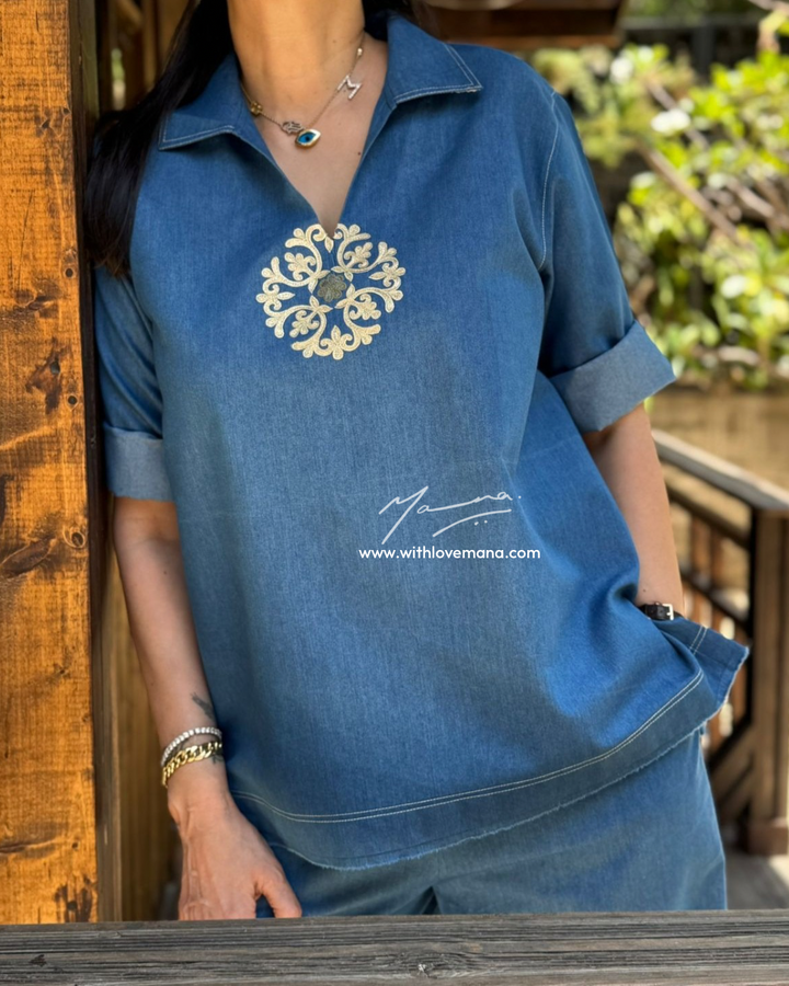 Light Blue Denim Embroidered Co-Ord Set