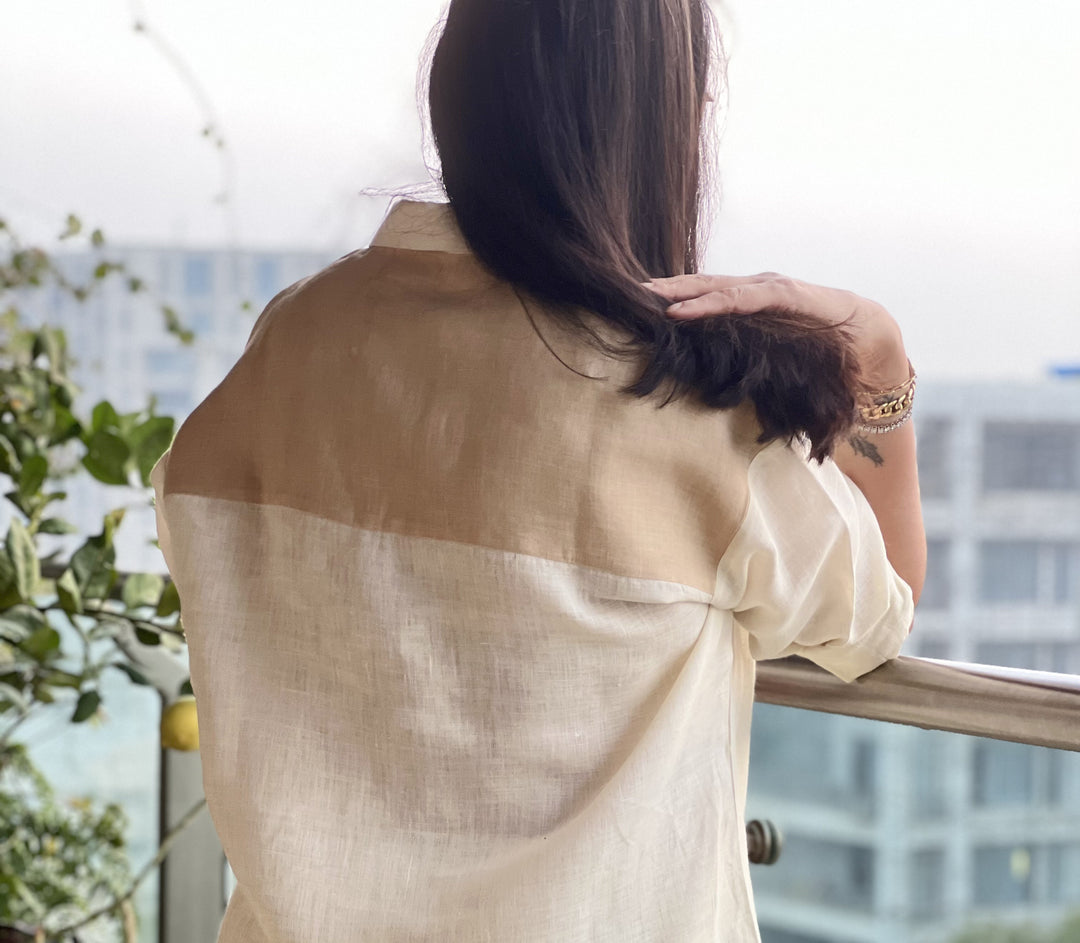 Linen Shirt with Beige Patch on Shoulder