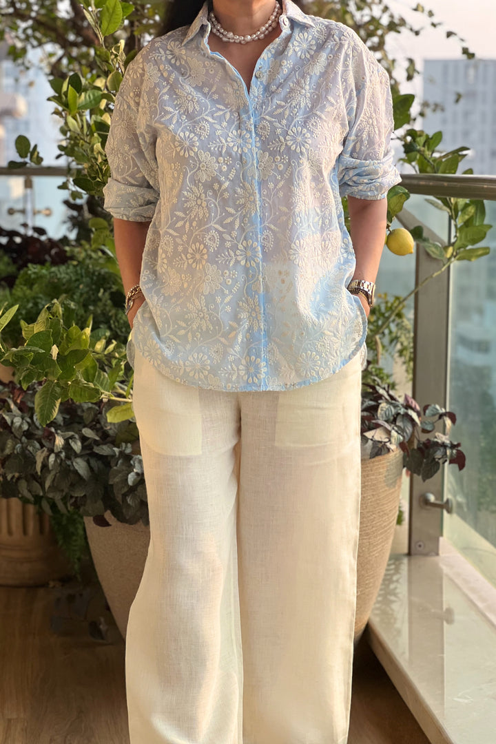 Lucknowi Embroidered Blue Shirt with Linen Pant