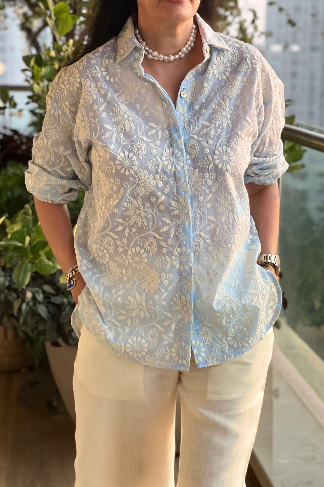 Lucknowi Embroidered Blue Shirt with Linen Pant