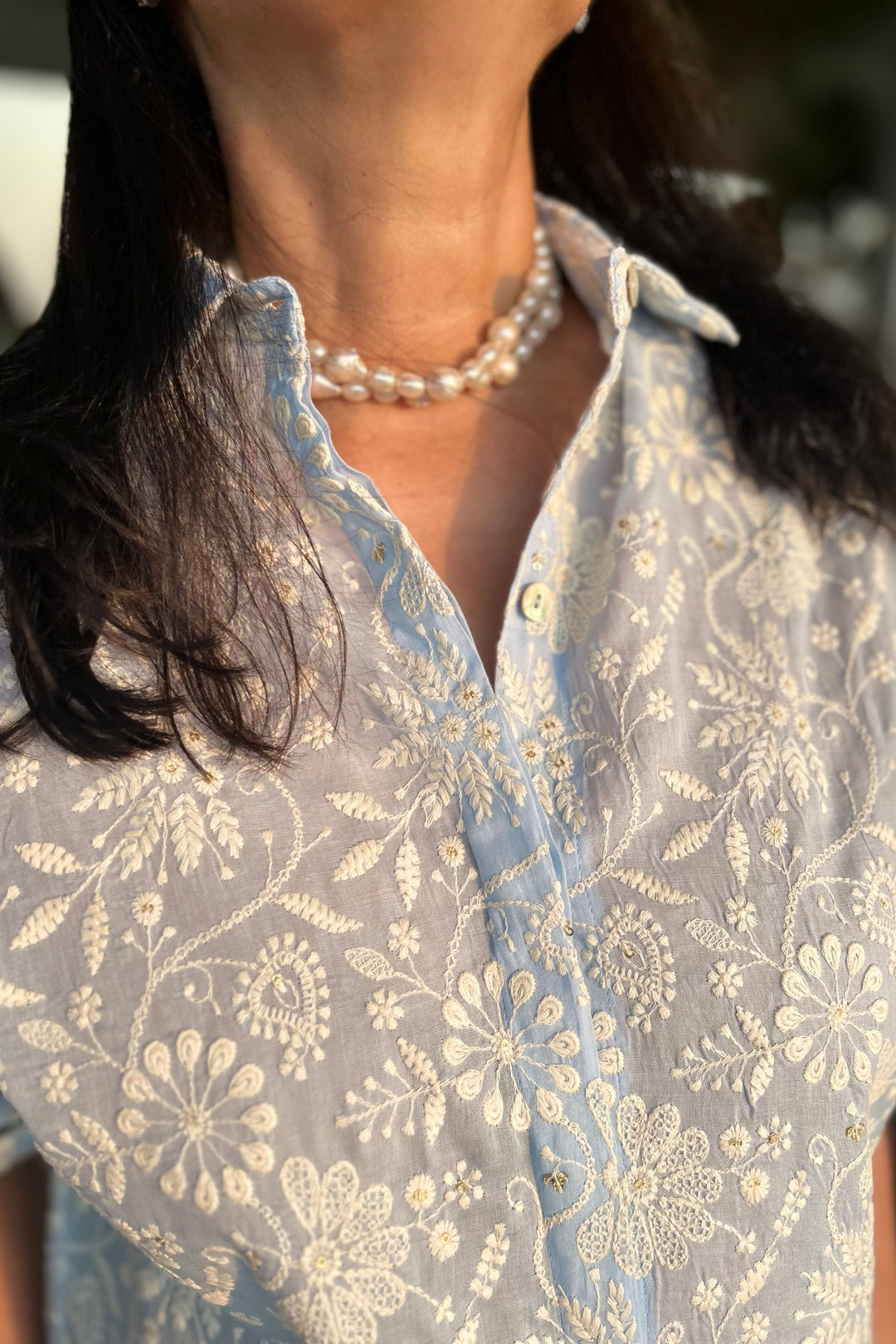 Lucknowi Embroidered Blue Shirt