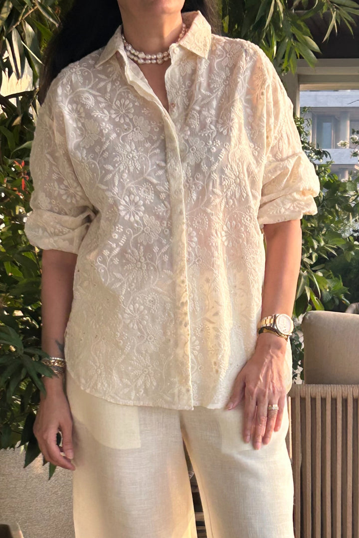 Lucknowi Embroidered Cream Shirt with Linen Pant