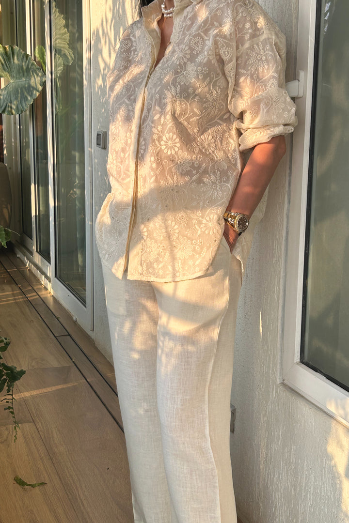 Lucknowi Embroidered Cream Shirt with Linen Pant