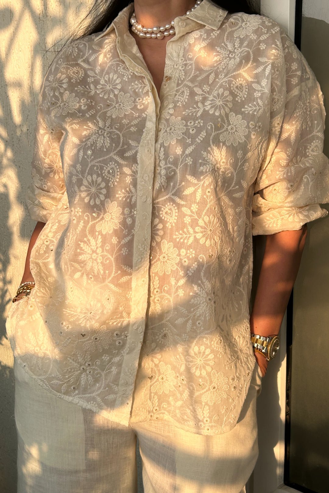 Lucknowi Embroidered Cream Shirt with Linen Pant