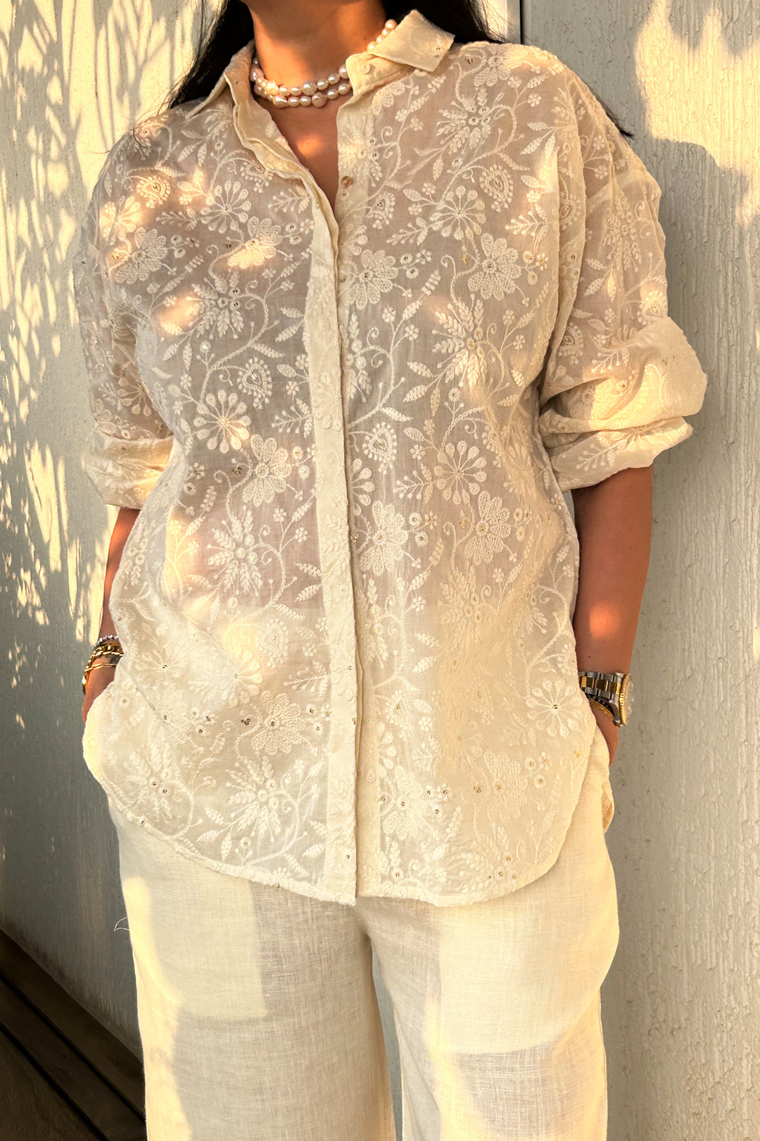 Lucknowi Embroidered Cream Shirt with Linen Pant