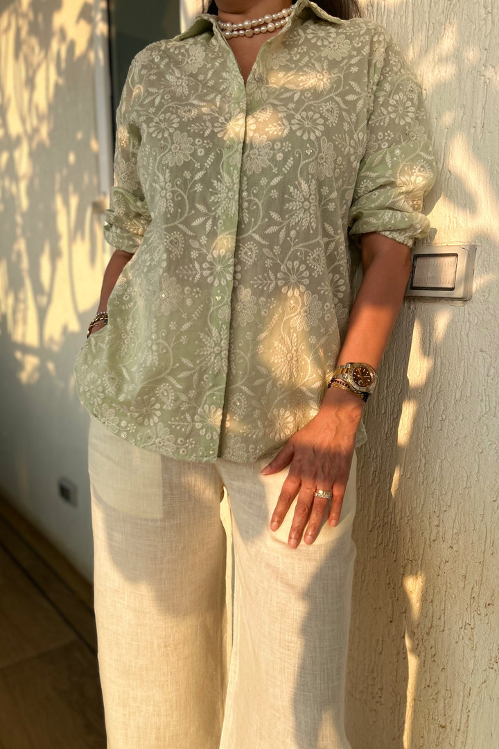 Lucknowi Embroidered Green Shirt with Linen Pant