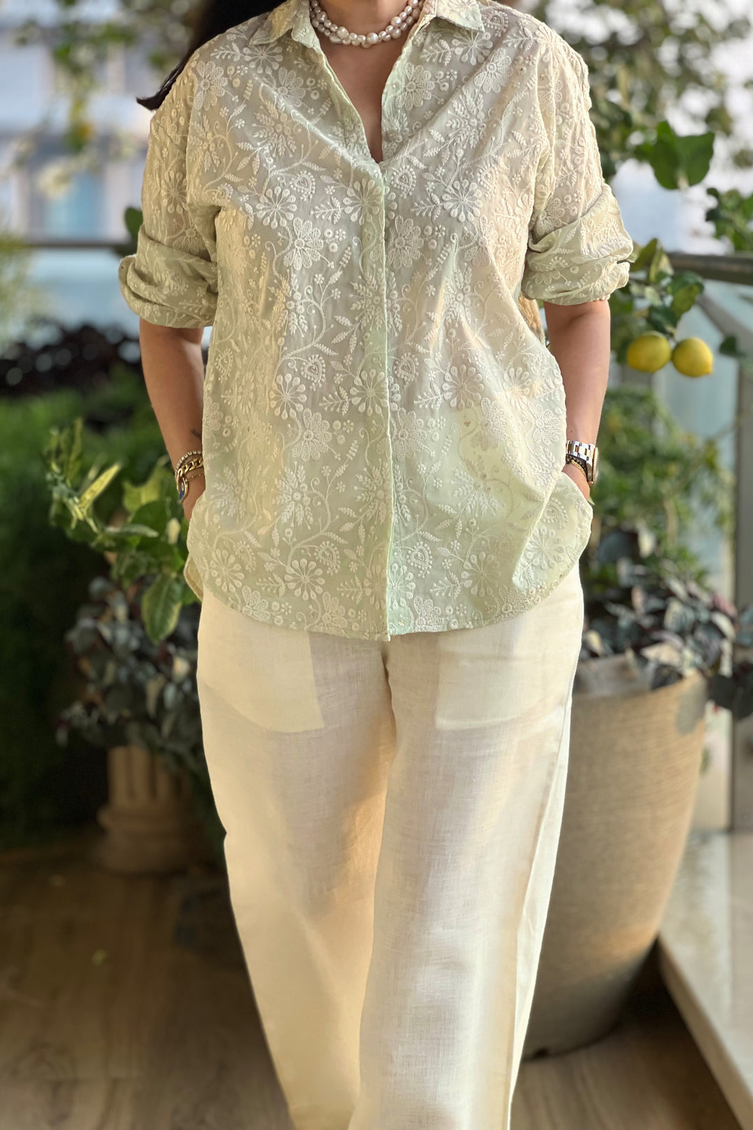 Lucknowi Embroidered Green Shirt with Linen Pant