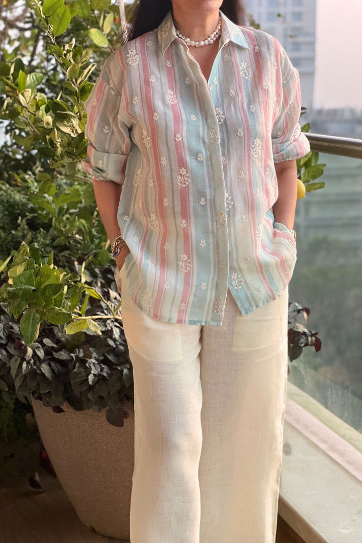 Stripe Embroidered Shirt with Linen Pant