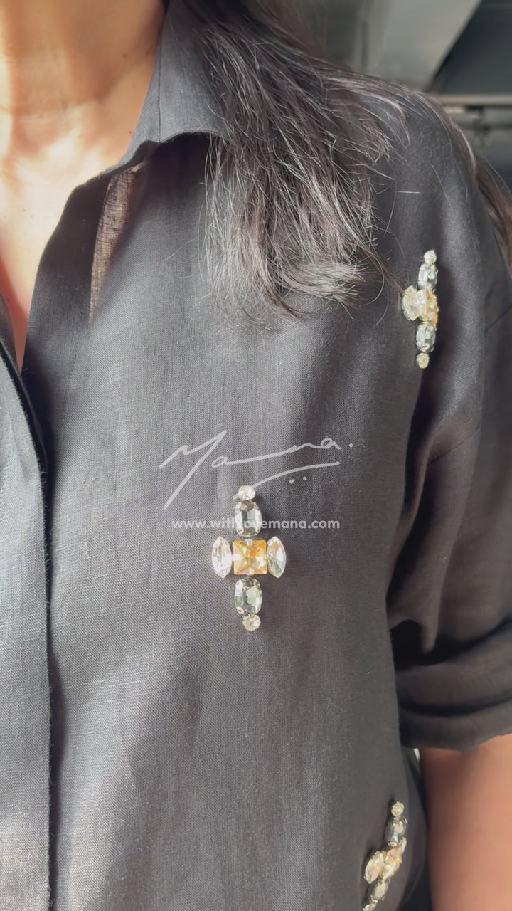 Linen Black Embellished Shirt & Wide-Leg Trouser Set